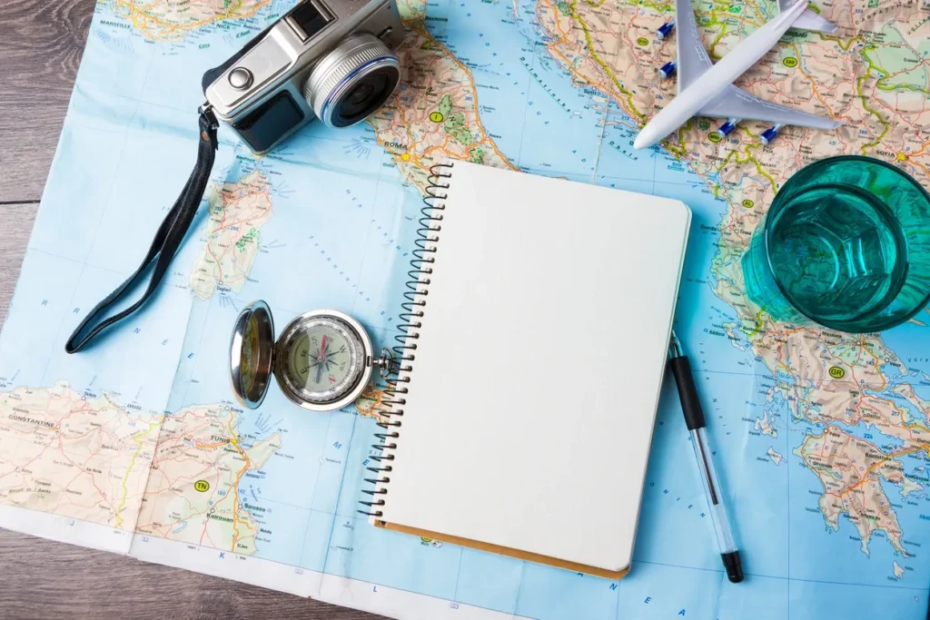 Travel essentials on a map