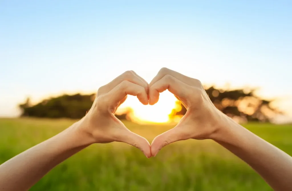 Hands forming a heart at sunset